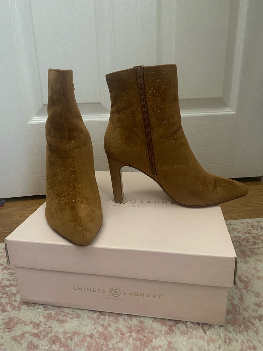 Chinese Laundry Tan Suede Pointed Toe Stiletto Ankle Booties